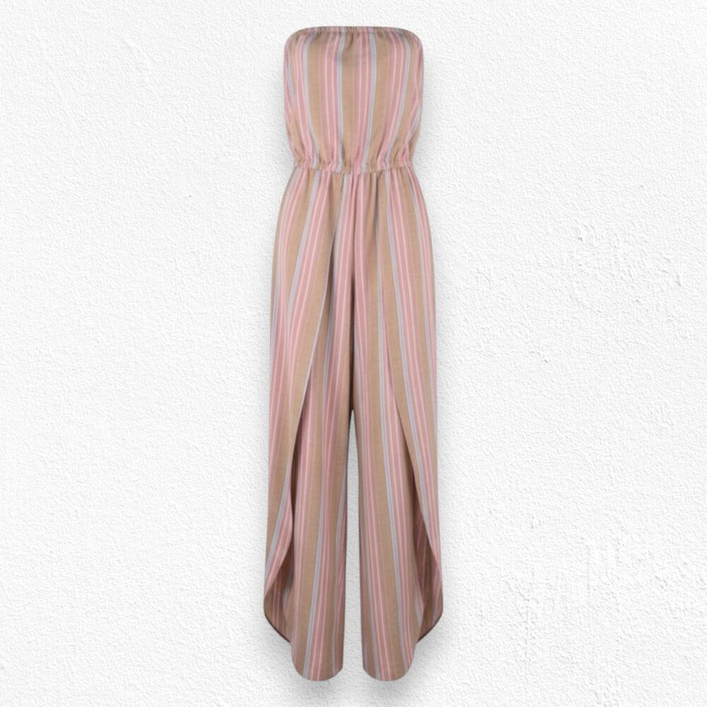 Drew Strapless Salmon Brown Striped Linen Blend Wide Leg Slit Jumpsuit Size XS